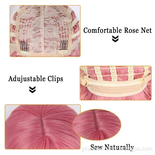 Pink wavy  Wig with Bangs Short Synthetic Hair Wigs for  Women Neon Pink Shoulder Length Wig for Daily Cosply Party Use